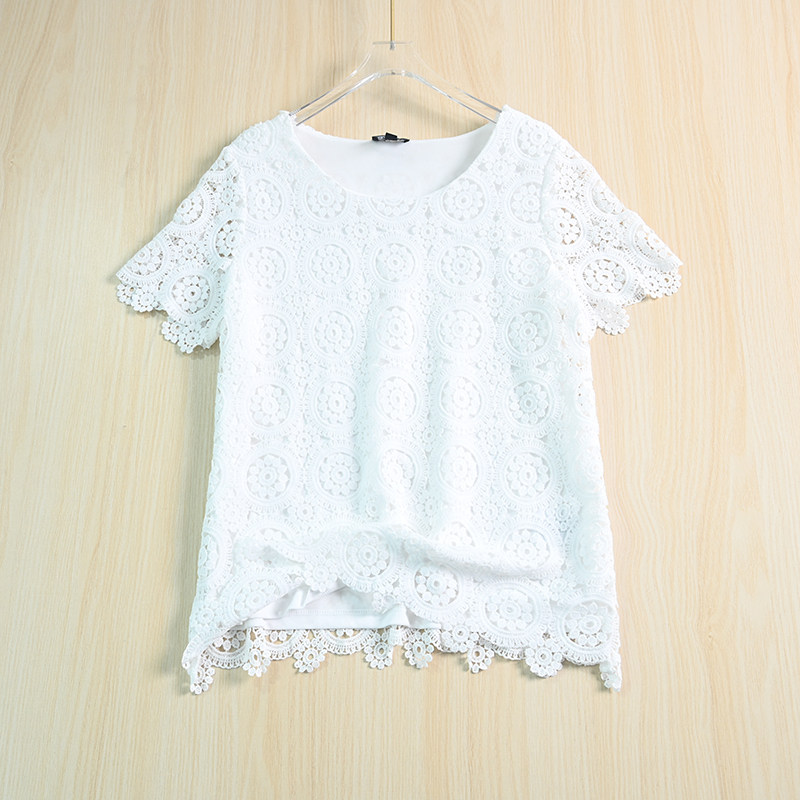 思琪女装 美国单 精致钩花镂空双层圆领短袖蕾丝T恤衫上衣