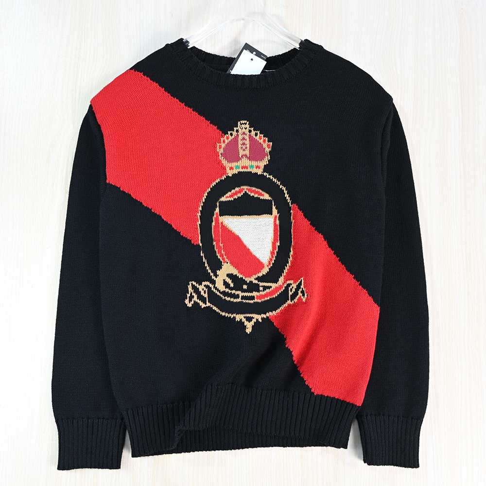 色织提花撞色棉线圆领长袖毛衣