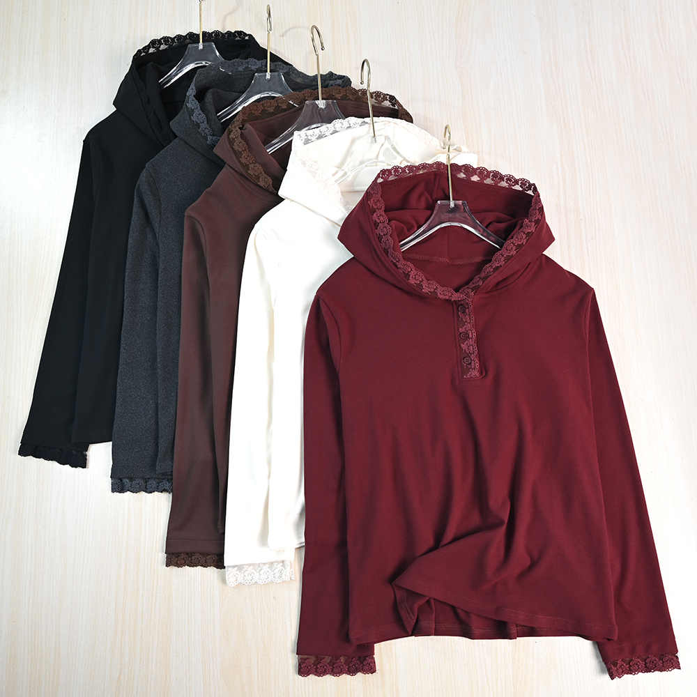 软糯蕾丝边连帽长袖针织打底衫