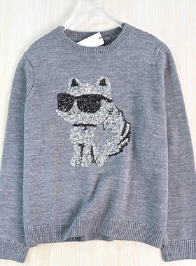 思琪女装2512/8  美系K尔含亮丝亮片卡通猫咪圆领长袖针织毛衣