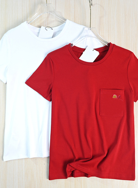 思琪女装262/2 柔软舒适棉质贴袋刺绣圆领休闲短袖T恤