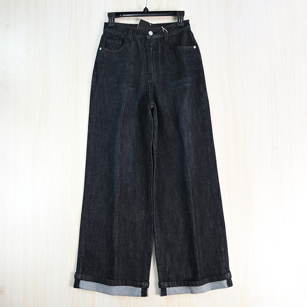 思琪女装2511/06 冬季厚款弹力棉翻边高腰宽阔腿牛仔长裤