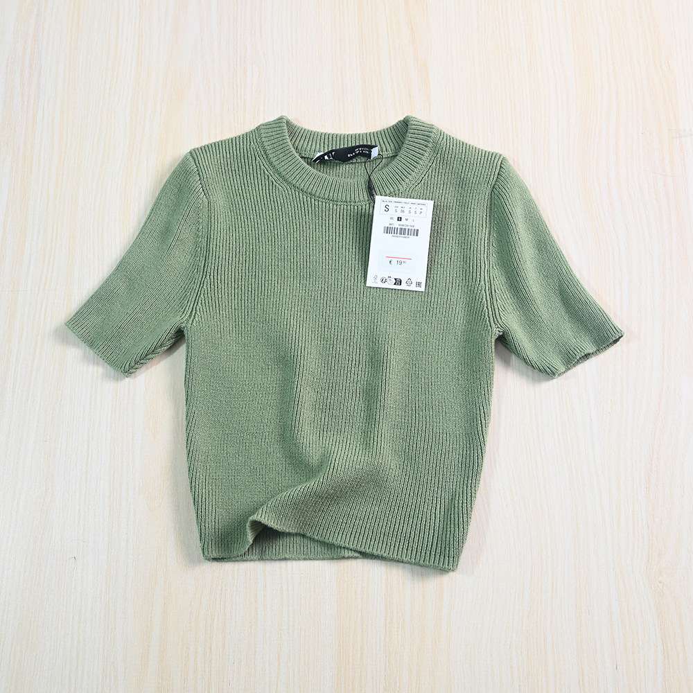 思琪女装  3/11西班牙单20欧 小香风粗针圆领休闲短款半袖针织衫