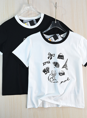 思琪女装261/22 美系K尔棉质印花刺绣撞色圆领休闲短袖T恤