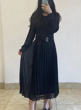 思琪女装 美系高端109美J 优雅气质拼接百褶腰带雪纺中长款连衣裙