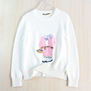 经典 粗针棉线色织刺绣卡通熊圆领休闲毛衣 257 思琪女装