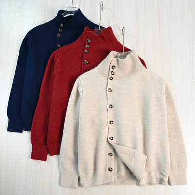 优雅风格系扣高领毛衣针织开衫