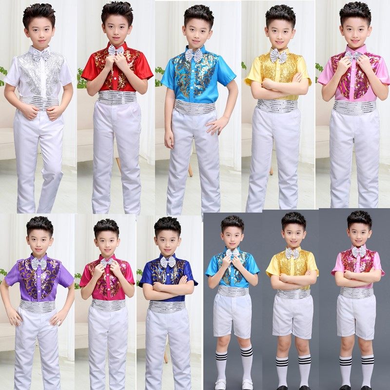 新款男童舞台装红色白色绿色上衣长裤短裤表演服礼服男孩演出合唱