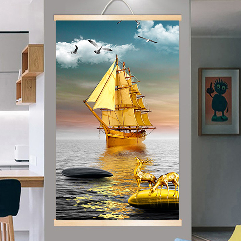 一帆风顺玄关装饰画走廊尽头过道挂画简约现代轻奢高档壁画竖版画