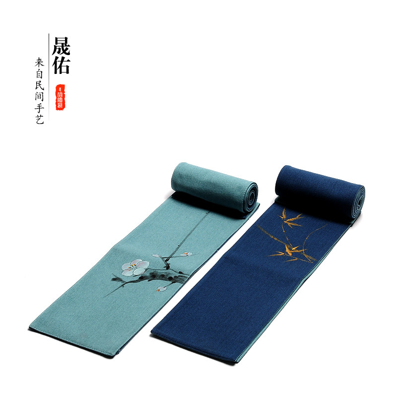 晟佑功夫茶具手绘禅意布艺桌旗棉麻干泡茶席现代简约茶几桌布配件