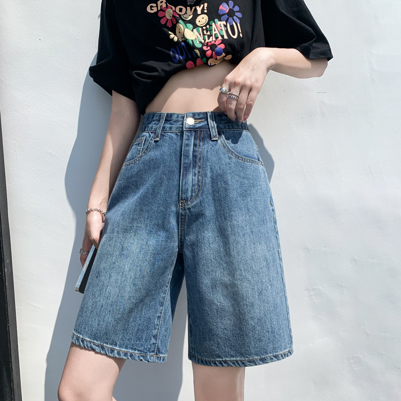 复古蓝牛仔短裤女夏季薄款高腰显瘦宽G松阔腿时尚中裤深色五分裤