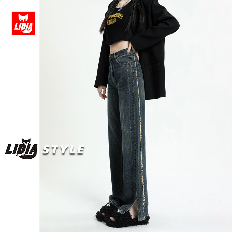 复古直筒裤开叉牛仔裤女