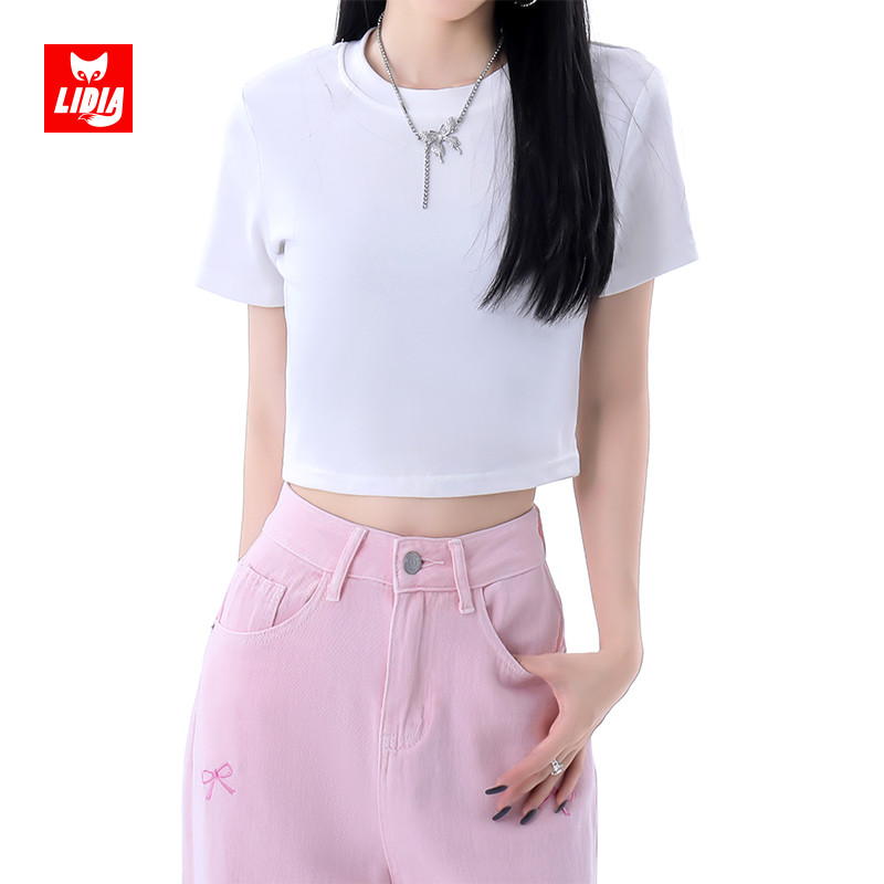白色短款短袖露脐紧身上衣女夏季