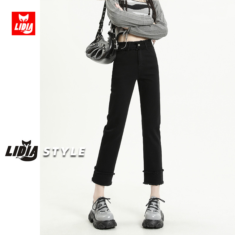 黑色毛边直筒牛仔裤烟管裤