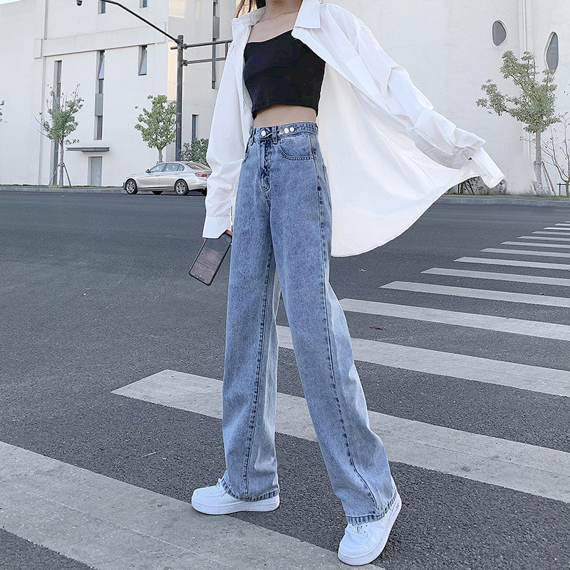 高腰窄版阔腿裤直筒裤牛仔裤女夏季薄款2023年新款小个子宽松裤子
