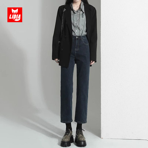 蓝灰烟管牛仔裤女2024新款春季