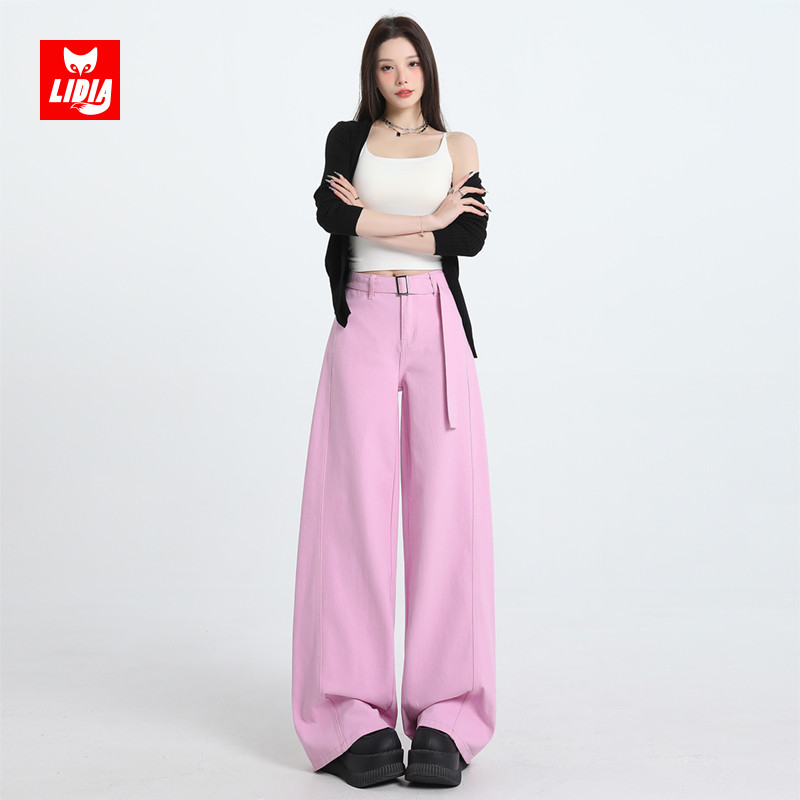粉色设计感阔腿牛仔裤女2025秋冬新款高腰宽松美式辣妹直筒拖地裤