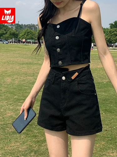 Черный джинсовый бюстгальтер-топ, короткая майка, эффект подтяжки, 2025 года, в американском стиле