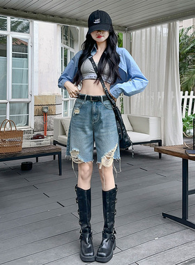 蓝色毛边牛仔短裤女2025夏季新款设计感破洞高腰宽松显瘦五分裤子