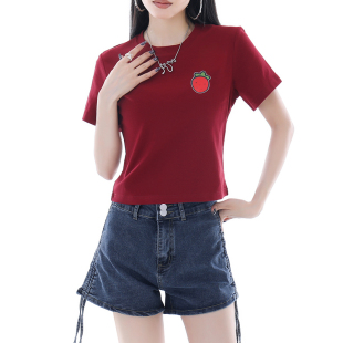 T恤女夏季 百搭正肩印花半袖 2025新款 时尚 圆领上衣 爆款 酒红色短袖