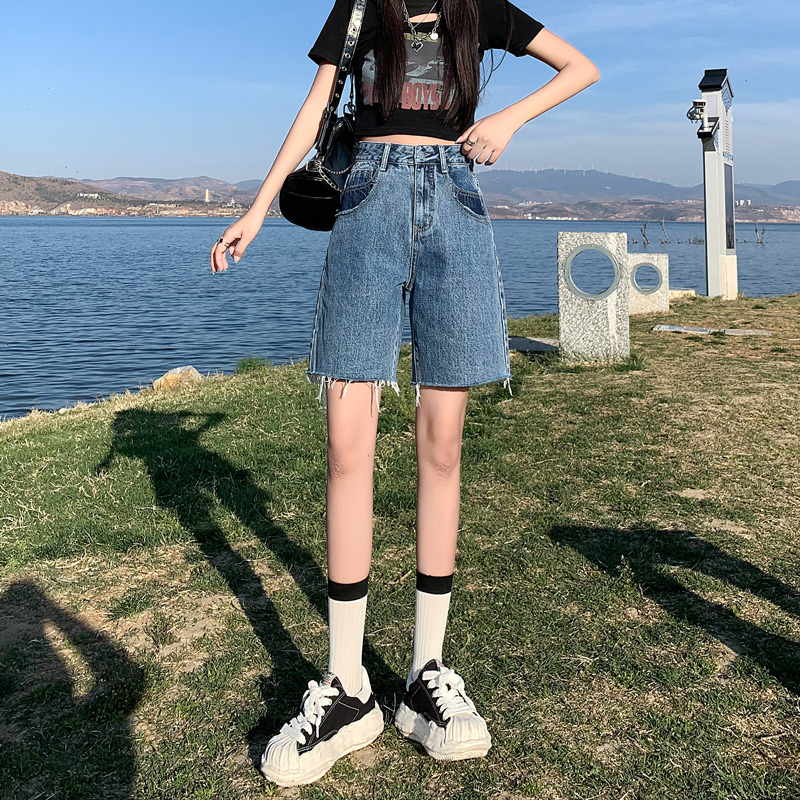 复古蓝高腰牛仔短裤女夏五分裤
