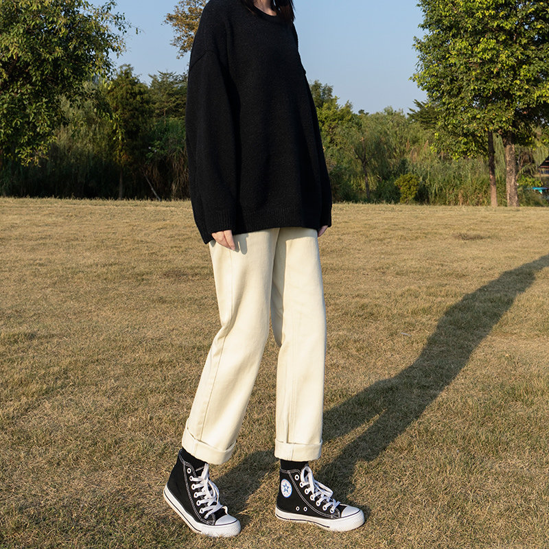 米白色高腰牛仔裤女宽松直筒秋装2020年新款显瘦百搭老爹裤子秋季