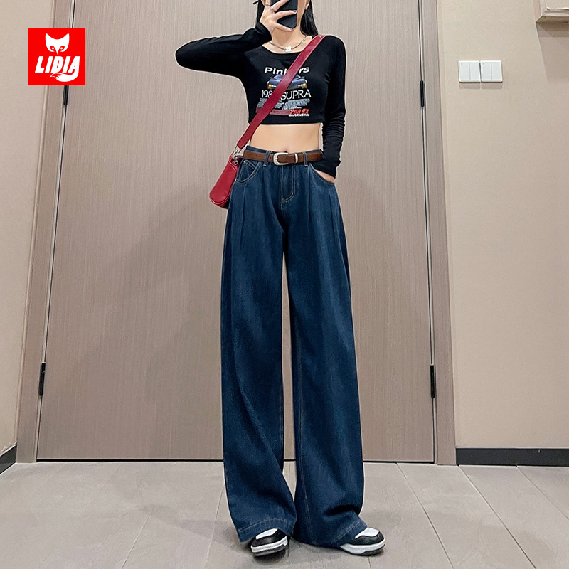 蓝灰色宽松直筒牛仔裤女秋装