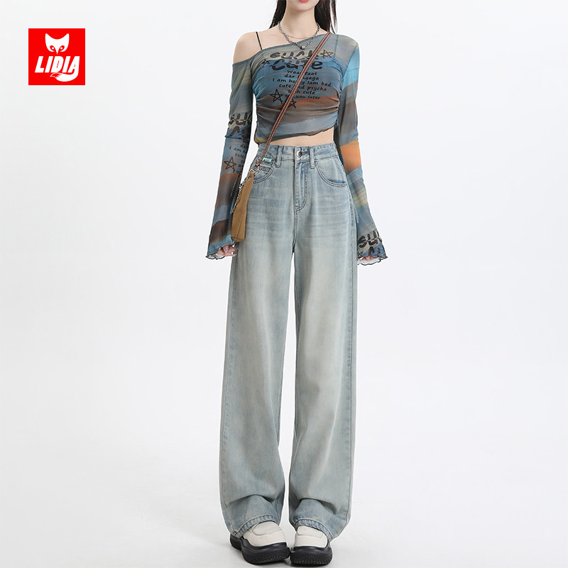 怀旧蓝阔腿牛仔裤女春季2024新款高腰显瘦宽松垂感加长版直筒裤子
