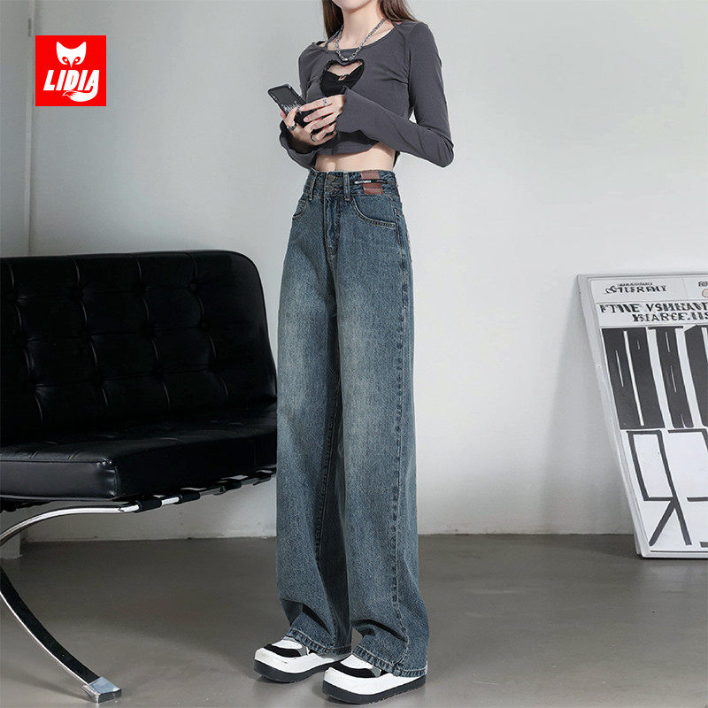 复古蓝窄版阔腿牛仔裤女