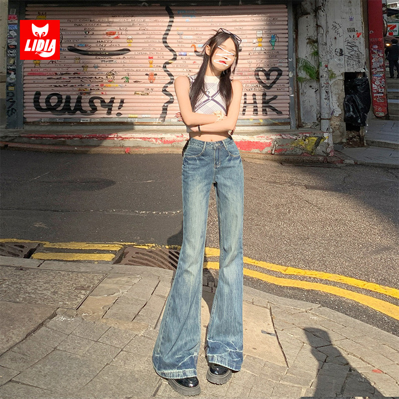 新款高腰显瘦微喇牛仔裤