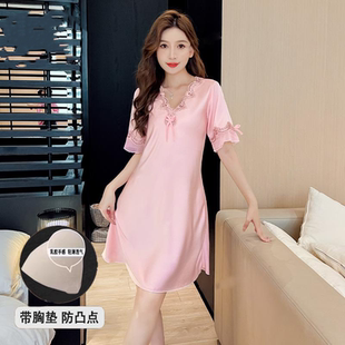 自带胸垫冰丝睡裙女夏季V领性感蕾丝短袖冰爽家居服睡衣一体乳垫