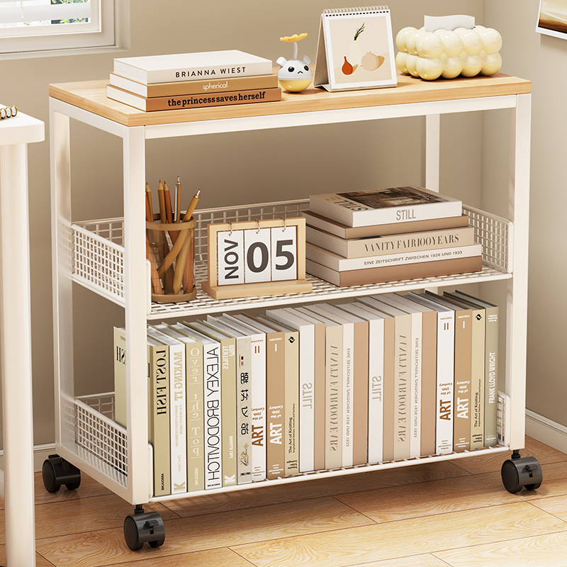 书桌旁小书架可移动桌下书本收纳带轮书柜落地桌边印表机置物架子