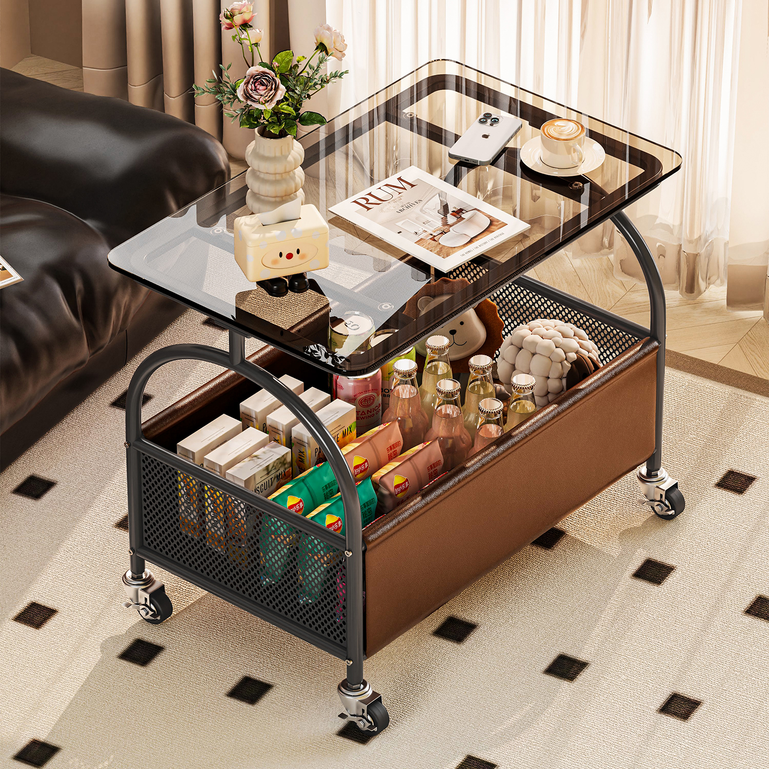 可移动客厅沙发置物玻璃边几中古风小茶几卧室床边简易带轮小推车