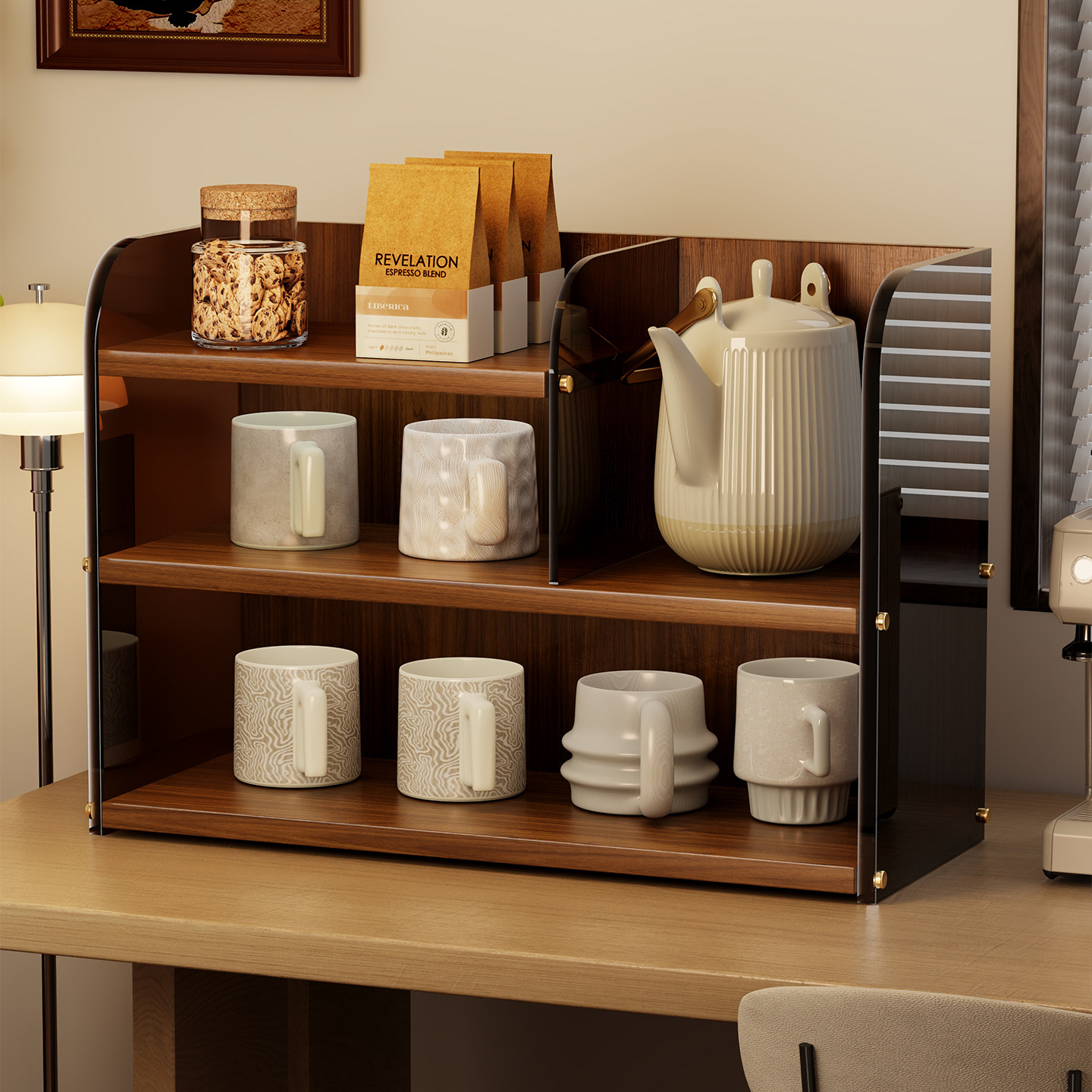 亚克力餐桌台面收纳桌面水壶置物架办公桌养生壶架子女生工位杯架