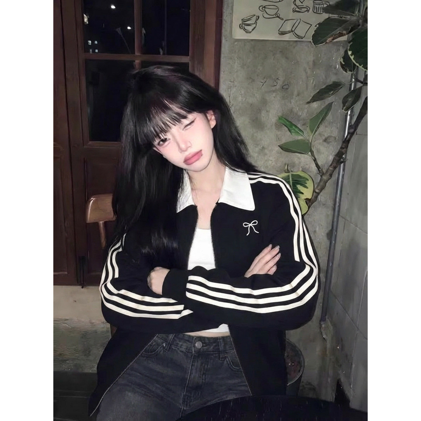 韩系翻领黑色开衫卫衣外套女春季2026新款巨好看宽松三条杠上衣潮