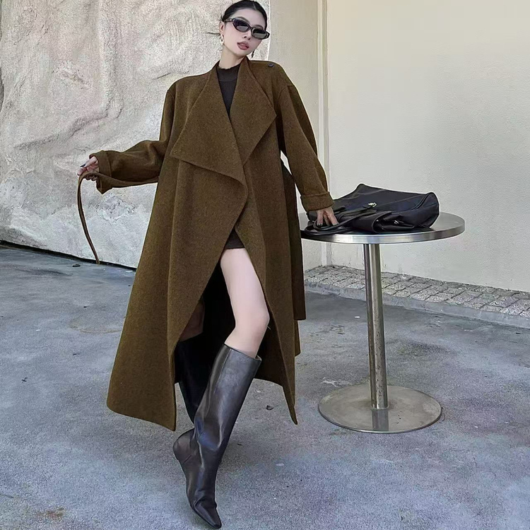 休闲腰带中长款双面羊毛大衣外套