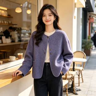 2026秋冬新款兔绒外套女圆领短款软糯高级感双面毛呢百搭气质上衣