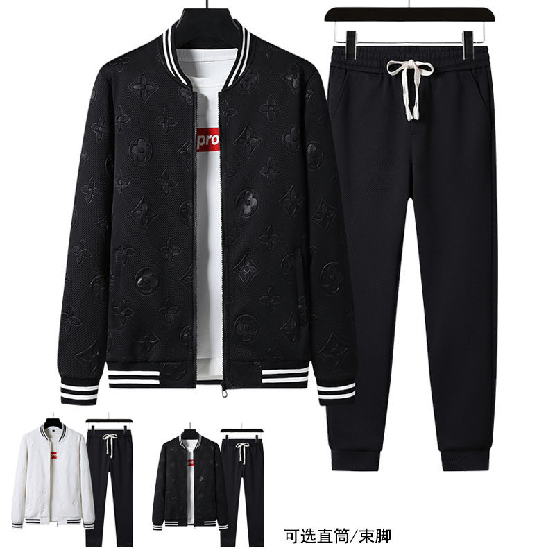 棒球服男春秋季韩版潮流夹克外套宽松百搭大码黑色长裤休闲套装