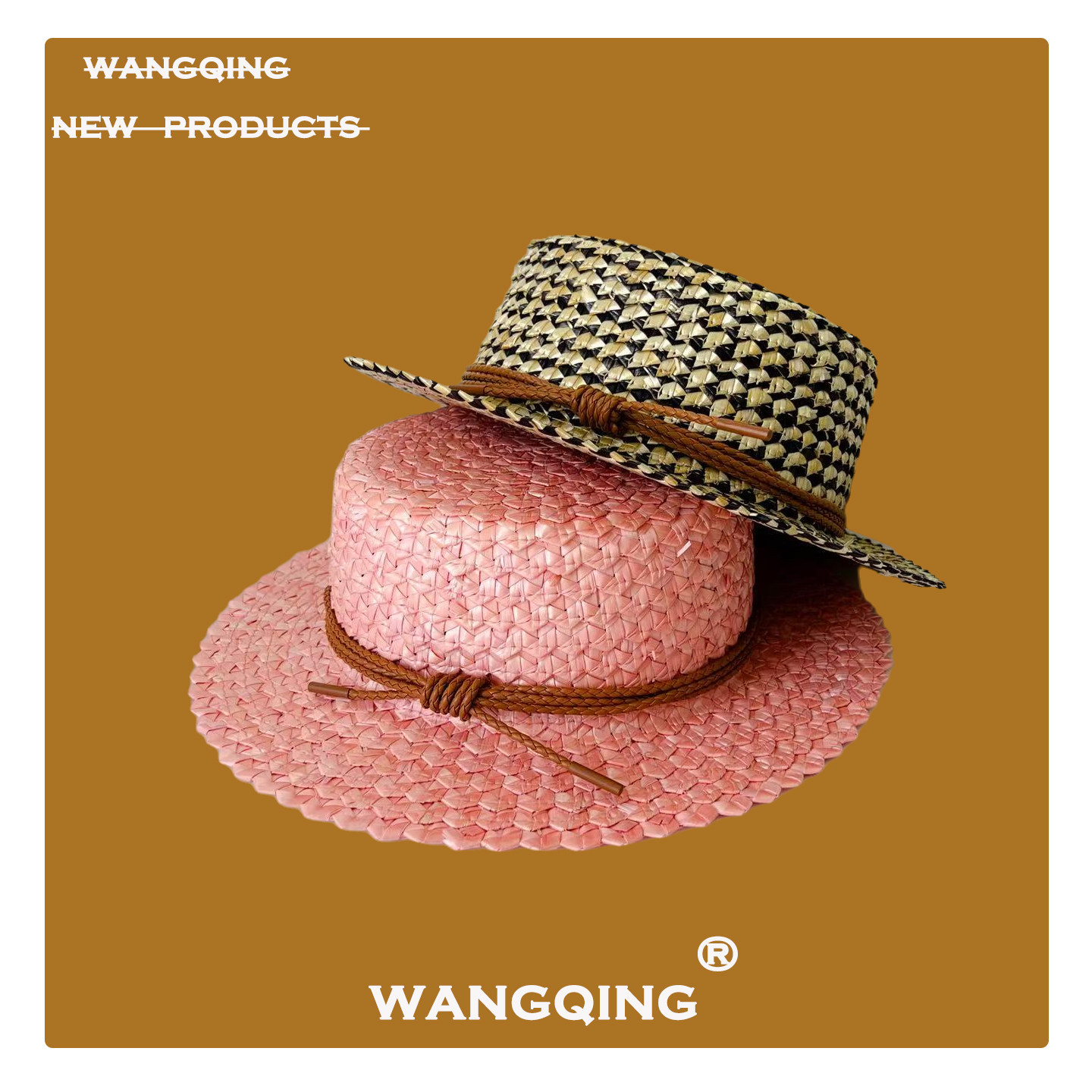 粉色小众设计款麦秆草编平顶草帽女夏季新款度假遮阳帽子法式礼帽