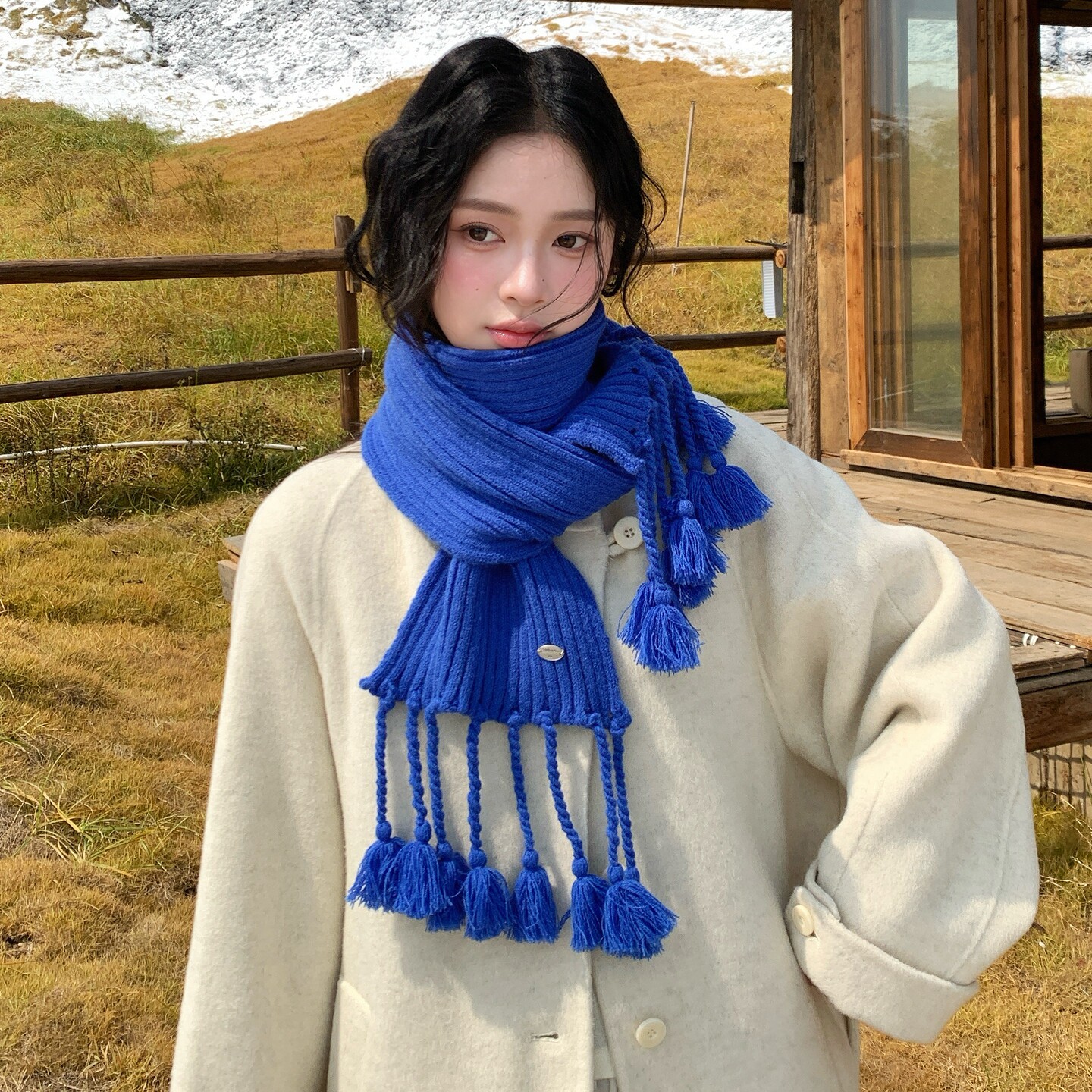 小清新纯色针织围巾女秋冬流苏毛球加厚保暖百搭氛围感毛线围脖韩