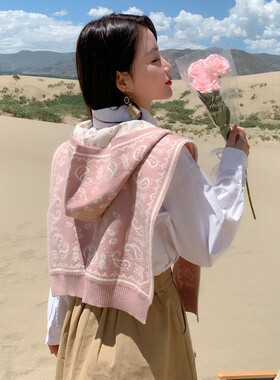 秋冬腰果花韩版女保暖连帽披肩