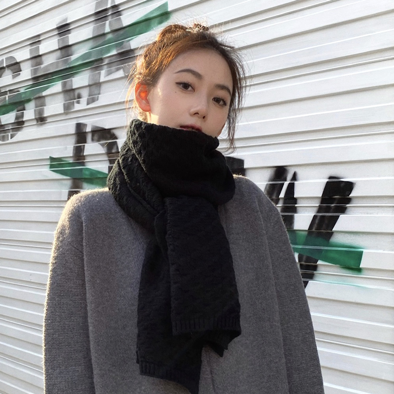 韩国2024冬季韩版长款百搭针织加厚毛线黑色围巾保暖围脖女百搭秋