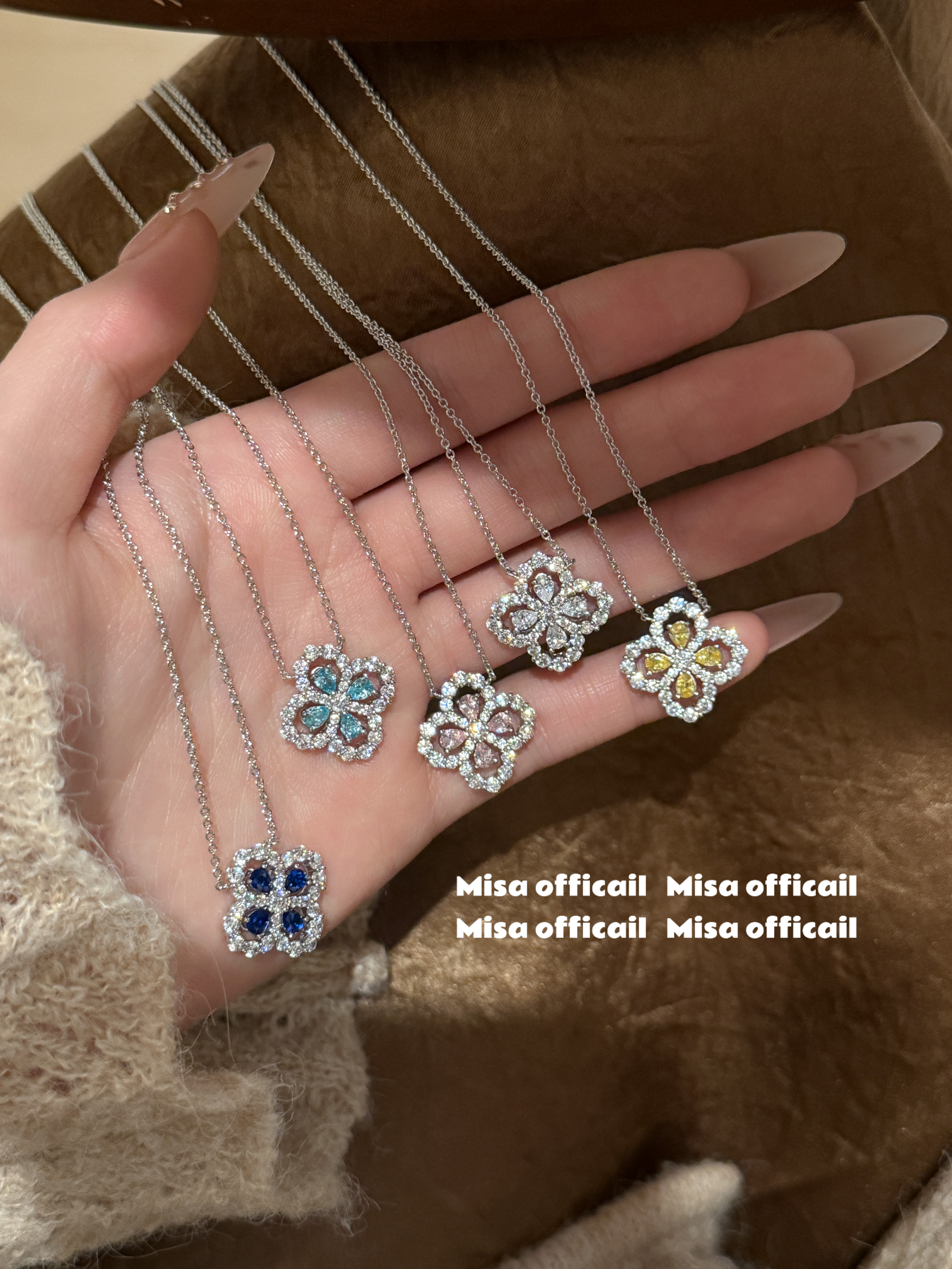 Misa officail｜s925银四叶草花loop项链蓝宝石吊坠轻奢满钻高级