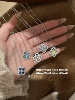 Misa officail｜s925银四叶草花loop项链蓝宝石吊坠轻奢满钻高级