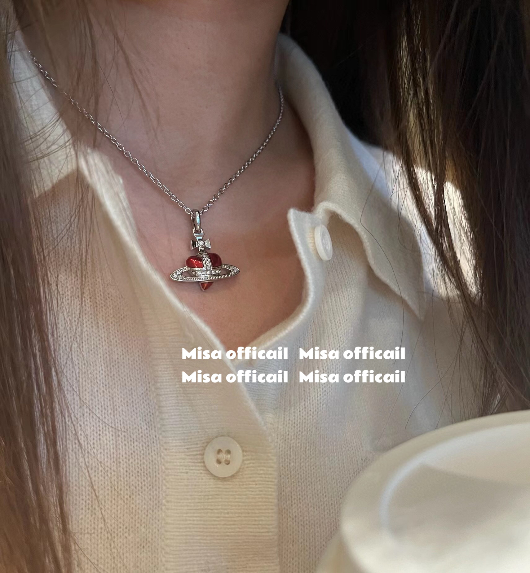 Misa officail｜经典银红黑色歪爱心搪瓷土星项链耳钉小众设计感