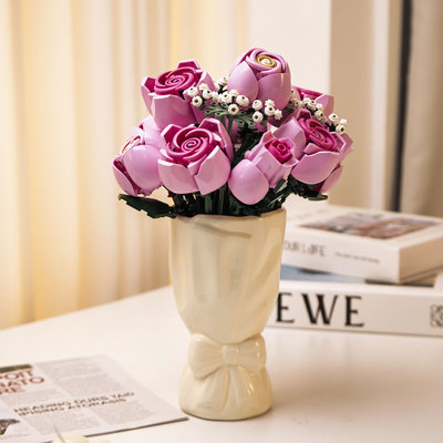粉色玫瑰花永生花束女孩拼装积木玩具摆件情人节女朋友礼物10374