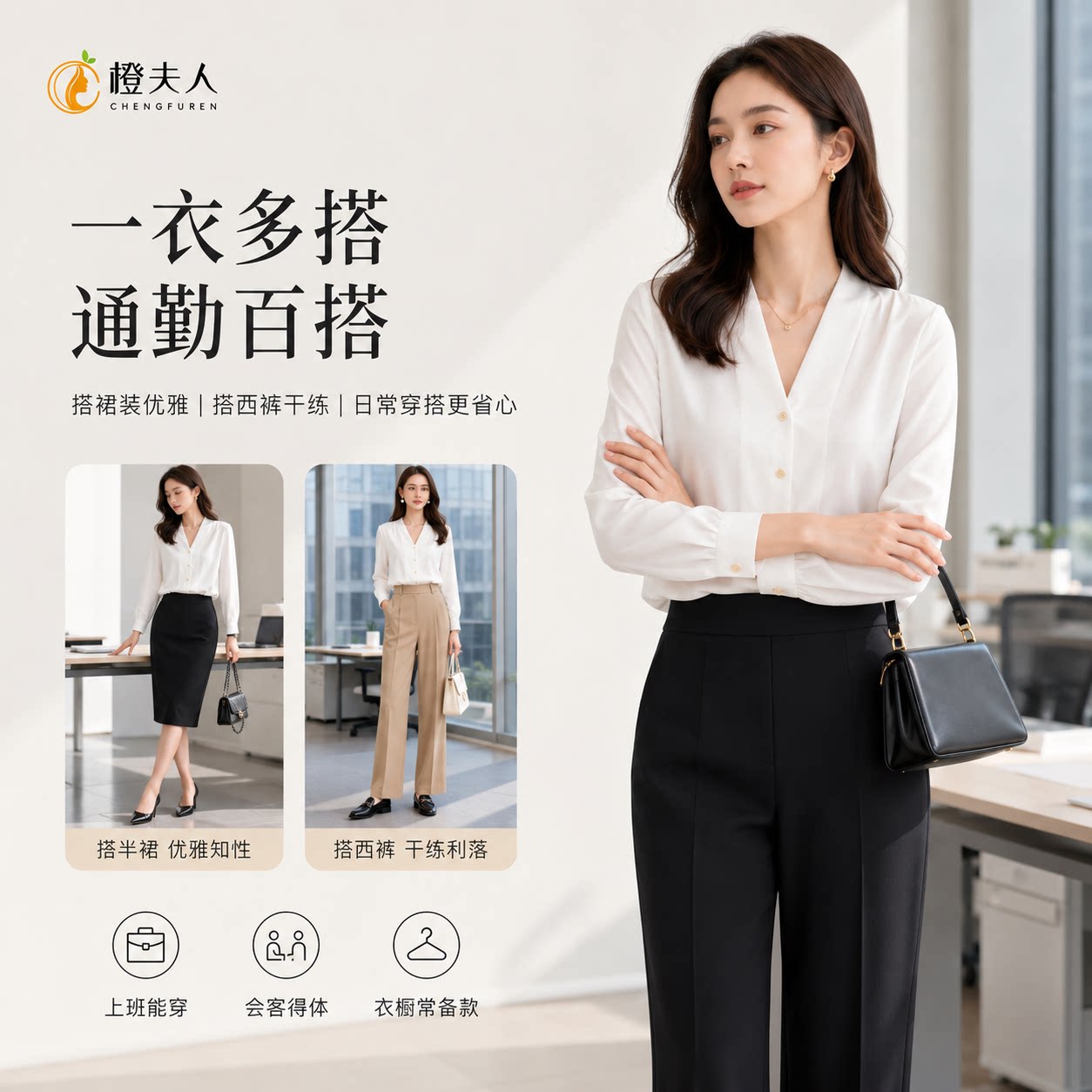 白色职业通勤缎面小金扣长袖衬衫