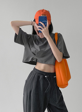 女夏配阔腿裤高腰裤工装裤搭配的上衣显瘦韩版bf运动短款露脐T恤