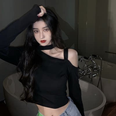 kpop性感露肩假两件长袖t恤