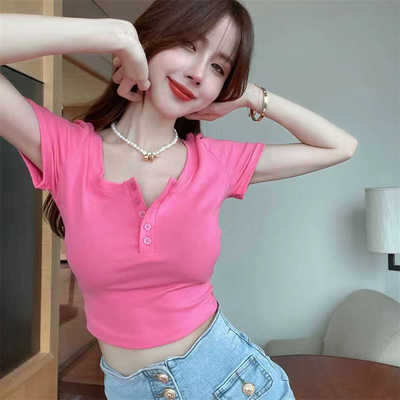 大领口玫粉色正肩高腰短款纯欲